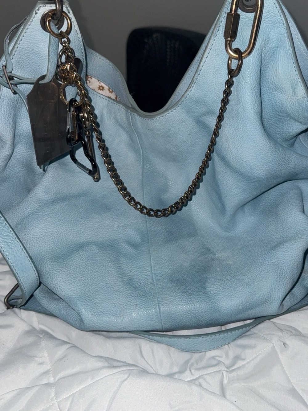 Free People Pale Blue Leather Shoulder Hobo with Chain Accent